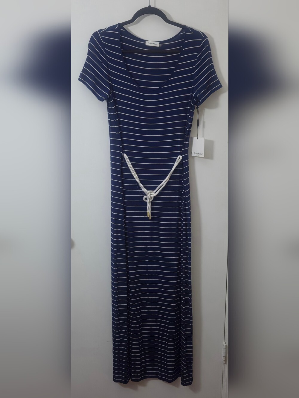 Calvin Klein Navy & White Striped Maxi Dress with Rope Belt